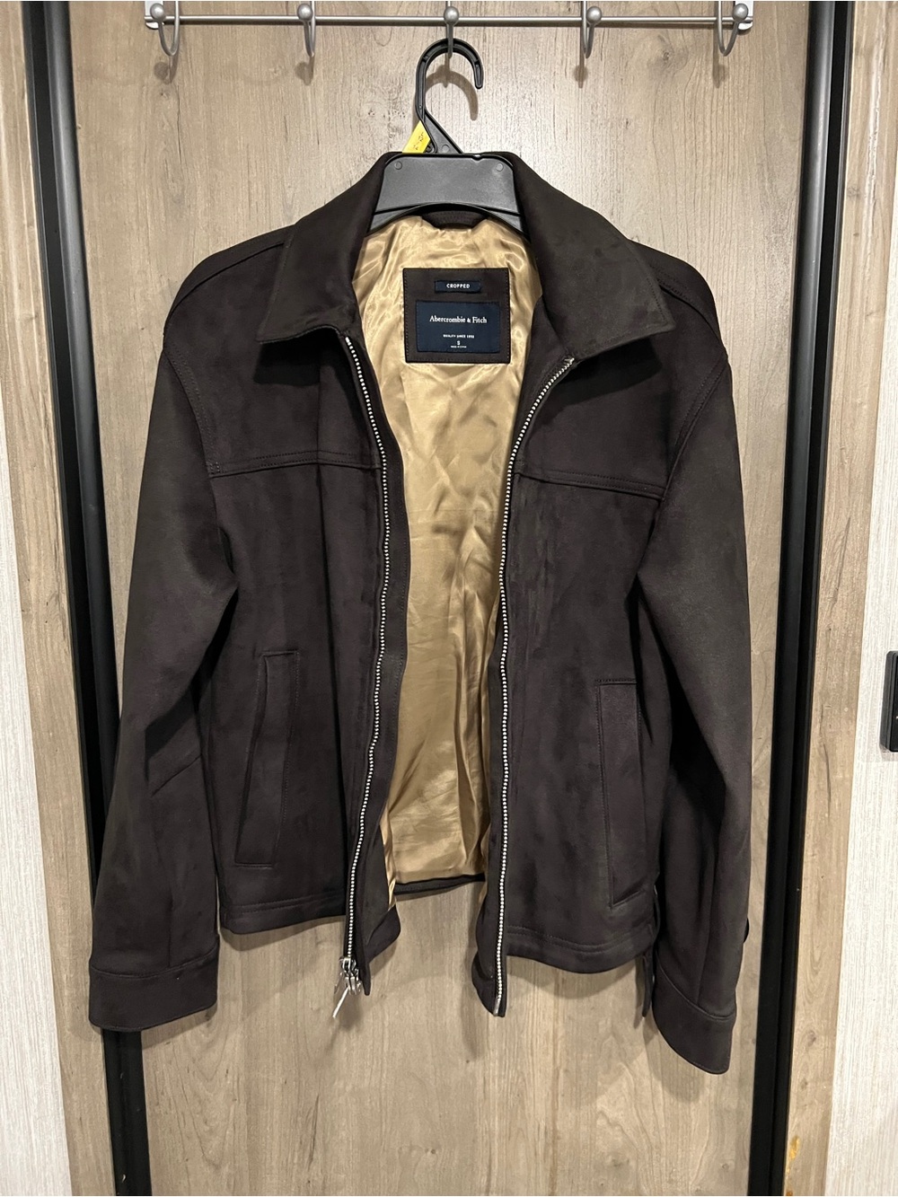 Abercrombie & Fitch Men's Dark Brown Bomber Jacket with Tan Lining